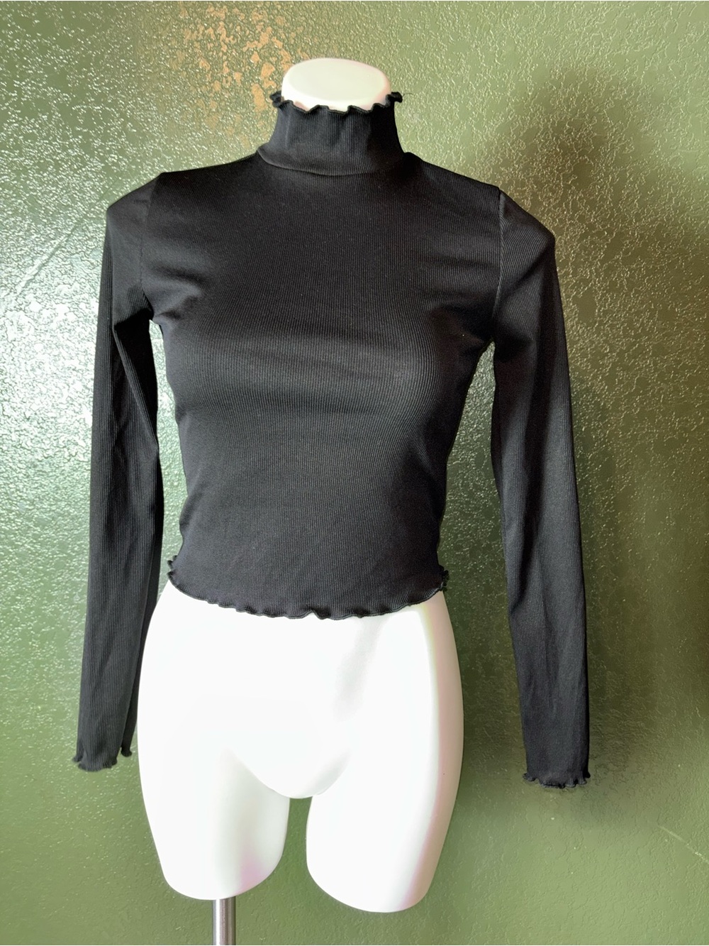 Final Touch Black Ruffle Edge Mock Neck Long Sleeve Top